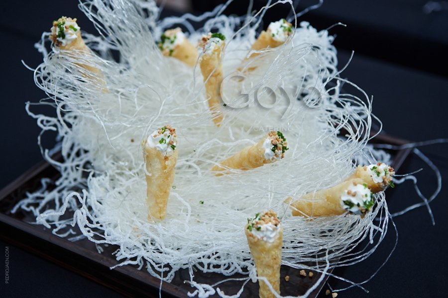 Parmesan filled with Ricotta, Caramelized Almonds and Chive. | Goyo Catering