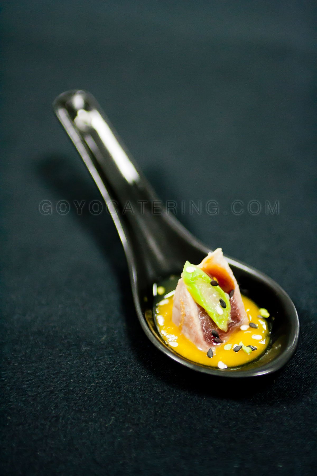 Petite Cuillere of Red Tuna Fish over Mango and Ginger Chutney, Teriyaki Reduction and Sesame Seed Tricolor.
