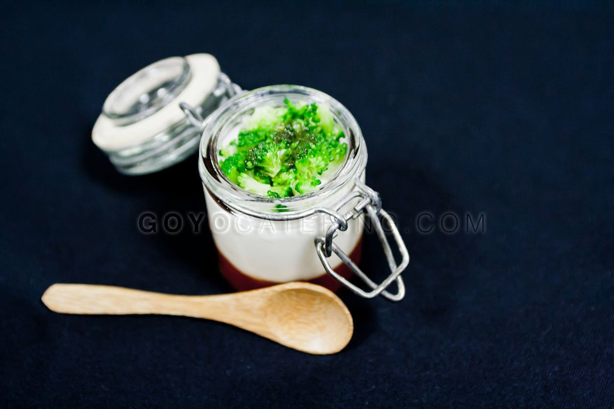 Cauliflower Panacotta with Coconout Milk, Broccoli pieces and Tomato Chutney.